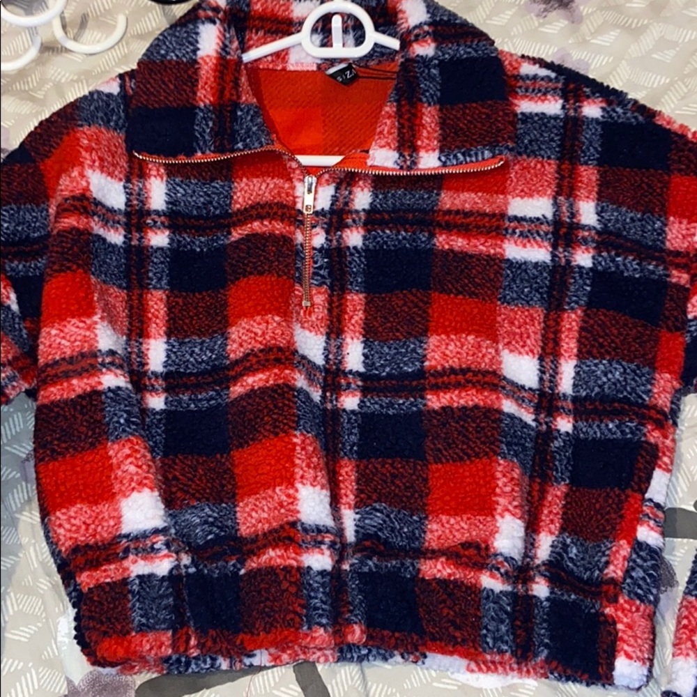 quarter-zip cropped  fuzzy sweater